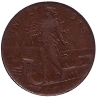 Монета 2 чентезимо. 1915 год, Италия. Монета 2 чентезимо. 1915 год, Италия.