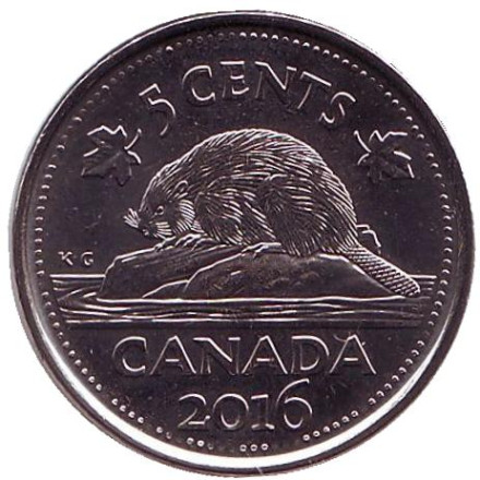 Монета 5 центов, 2016 год, Канада. Бобр.