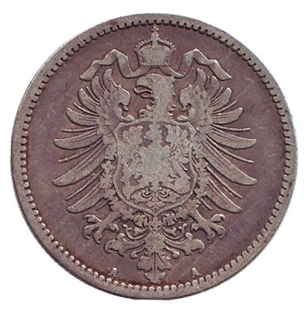Монета 1 марка. 1878 год (A), Германская империя. Монета 1 марка. 1878 год (A), Германская империя.