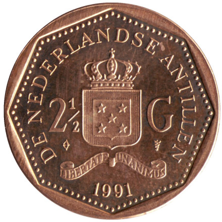 Монета 2,5 гульдена. 1991 год, Нидерландские Антильские острова.
