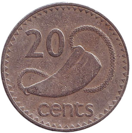 Монета 20 центов. 1976 год, Фиджи. Культовый атрибут Tabua (зуб кита) на плетеном шнурке.