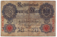 Рейхсбанкнота 20 марок. 1910 год, Германская империя. Рейхсбанкнота 20 марок. 1910 год, Германская империя.
