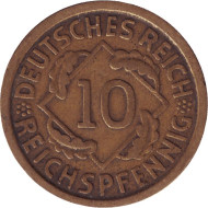 Монета 10 рейхспфеннигов. 1924 (Е) год, Веймарская республика. Монета 10 рейхспфеннигов. 1924 (Е) год, Веймарская республика.