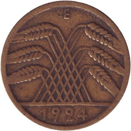 Монета 10 рейхспфеннигов. 1924 (Е) год, Веймарская республика. Монета 10 рейхспфеннигов. 1924 (Е) год, Веймарская республика.
