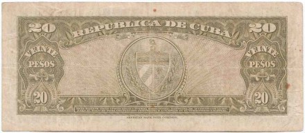Банкнота 20 песо. 1949 год, Куба. P-80a.