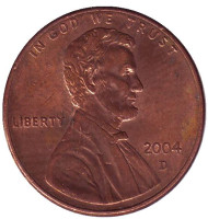 Монета 1 цент. 2004 год (D), США. Линкольн. Монета 1 цент. 2004 год (D), США. Линкольн.