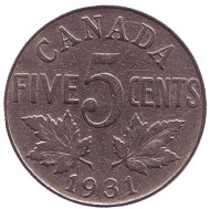 Монета 5 центов. 1931 год, Канада. Монета 5 центов. 1931 год, Канада.