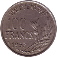 Монета 100 франков. 1957 год (В), Франция. Монета 100 франков. 1957 год (В), Франция.