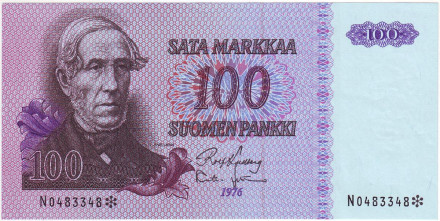 Банкнота 100 марок. 1976 год, Финляндия. (замещенный номер). Юхан Снельман.