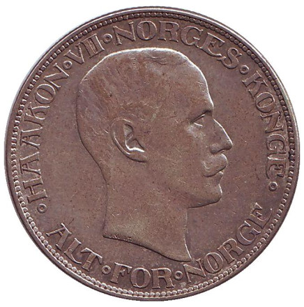 Монета 2 кроны. 1910 год, Норвегия. Король Хокон VII.