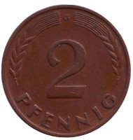 Монета 2 пфеннига. 1950 год (G), ФРГ. Дубовые листья. Монета 2 пфеннига. 1950 год (G), ФРГ. Дубовые листья.