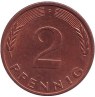 Монета 2 пфеннига. 1981 год (F), ФРГ. Дубовые листья. Монета 2 пфеннига. 1981 год (F), ФРГ. Дубовые листья.