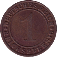 Монета 1 рейхспфенниг. 1924 год (G), Веймарская республика. Монета 1 рейхспфенниг. 1924 год (G), Веймарская республика.