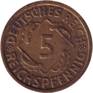 Монета 5 рейхспфеннигов. 1935 год (D), Веймарская республика. Монета 5 рейхспфеннигов. 1935 год (D), Веймарская республика.