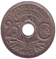 Монета 25 сантимов. 1937 год, Франция. Монета 25 сантимов. 1937 год, Франция.