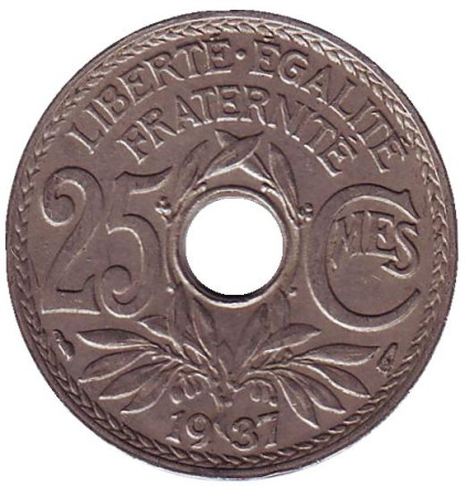 Монета 25 сантимов. 1937 год, Франция.