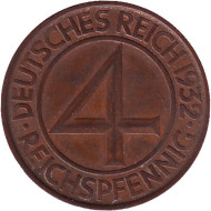 Монета 4 рейхспфеннига. 1932 год (D), Веймарская республика. Монета 4 рейхспфеннига. 1932 год (D), Веймарская республика.