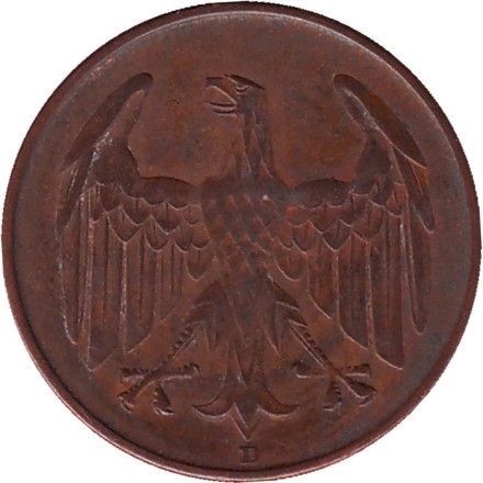 Монета 4 рейхспфеннига. 1932 год (D), Веймарская республика. Монета 4 рейхспфеннига. 1932 год (D), Веймарская республика.