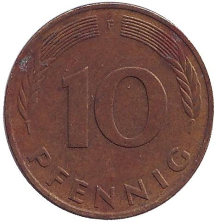 Монета 10 пфеннигов. 1984 год (F), ФРГ. Дубовые листья.