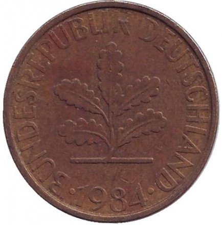 Монета 10 пфеннигов. 1984 год (F), ФРГ. Дубовые листья.