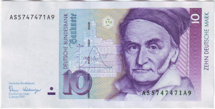 Банкнота 10 марок. 1989 год, ФРГ. Карл Фридрих Гаусс. Секстант.