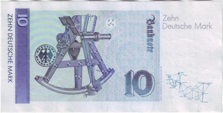 Банкнота 10 марок. 1989 год, ФРГ. Карл Фридрих Гаусс. Секстант. Банкнота 10 марок. 1989 год, ФРГ. Карл Фридрих Гаусс. Секстант.