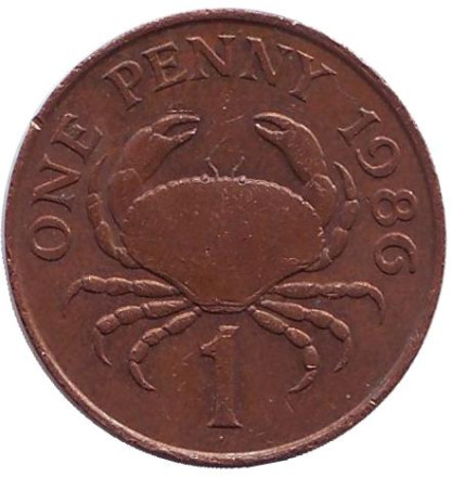 Монета 1 пенни, 1986 год, Гернси. Краб.