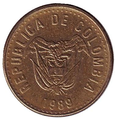 Монета 5 песо. 1989 год, Колумбия. Монета 5 песо. 1989 год, Колумбия.