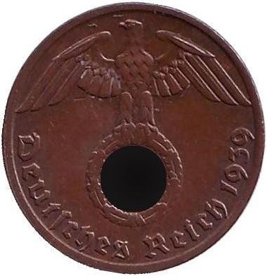 Монета 1 рейхспфенниг. 1939 год, Германия (Третий Рейх). (E).