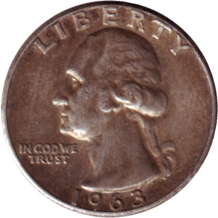 Монета 25 центов. 1963 год, США. (Без отметки монетного двора). Вашингтон.