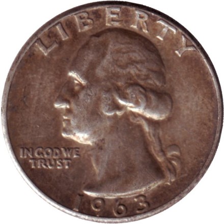 Монета 25 центов. 1963 год, США. (Без отметки монетного двора). Вашингтон. Монета 25 центов. 1963 год, США. (Без отметки монетного двора). Вашингтон.