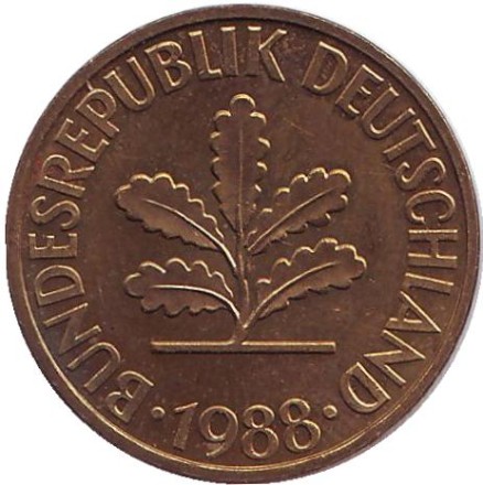 Монета 10 пфеннигов. 1988 год (G), ФРГ. Дубовые листья. Монета 10 пфеннигов. 1988 год (G), ФРГ. Дубовые листья.