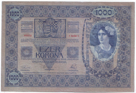 Банкнота 1000 крон. 1902 (1919) год, Австро-Венгрия. (Надпечатка). Тип 2. Tausend kronen - Ezer korona. Банкнота 1000 крон. 1902 (1919) год, Австро-Венгрия. (Надпечатка). Тип 2. Tausend kronen - Ezer korona.