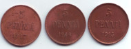 Набор монет 5 пенни (3 шт.), 1915, 1916, 1917 гг., Финляндия в составе Российской Империи. Набор монет 5 пенни (3 шт.), 1915, 1916, 1917 гг., Финляндия в составе Российской Империи.