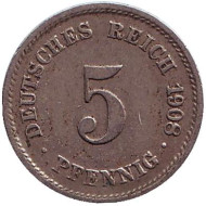 Монета 5 пфеннигов. 1908 год (G), Германская империя. Монета 5 пфеннигов. 1908 год (G), Германская империя.