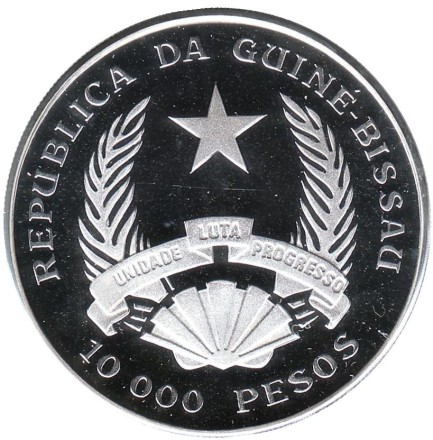 Монета 10000 песо. 1992 год, Гвинея-Бисау. Чемпионат мира по футболу 1994 года. Монета 10000 песо. 1992 год, Гвинея-Бисау. Чемпионат мира по футболу 1994 года.