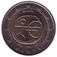 Монета 2 евро, 2009 год, Мальта. 10 лет Экономическому и валютному союзу. Монета 2 евро, 2009 год, Мальта. 10 лет Экономическому и валютному союзу.