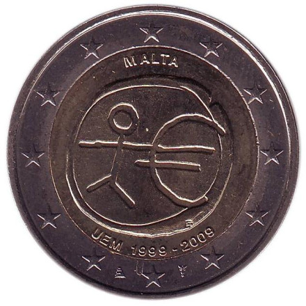 Монета 2 евро, 2009 год, Мальта. 10 лет Экономическому и валютному союзу.
