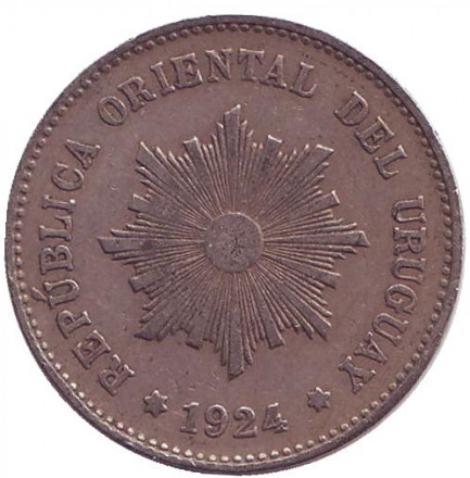 Монета 5 сентесимо. 1924 год, Уругвай. Монета 5 сентесимо. 1924 год, Уругвай.
