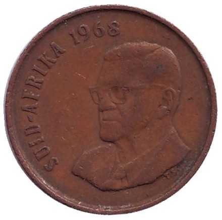 Монета 2 цента. 1968 год, Южная Африка. (Suid Afrika). Белохвостый гну. Окончание президентства Чарльза Сварта. Монета 2 цента. 1968 год, Южная Африка. (Suid Afrika). Белохвостый гну. Окончание президентства Чарльза Сварта.