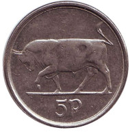 Монета 5 пенсов. 1993 год, Ирландия. Бык. Ирландская арфа. Монета 5 пенсов. 1993 год, Ирландия. Бык. Ирландская арфа.