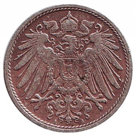 Монета 10 пфеннигов. 1897 год (A), Германская империя. Монета 10 пфеннигов. 1897 год (A), Германская империя.