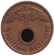 Монета 10 рейхспфеннигов. 1937 год, Германия (Третий Рейх). (A). Монета 10 рейхспфеннигов. 1937 год, Германия (Третий Рейх). (A).