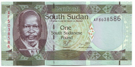 Банкнота 1 фунт. 2011 год, Южный Судан. Джон Гаранг де Мабиор. Жирафы.