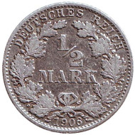 Монета 1/2 марки. 1906 год (D), Германская империя. Монета 1/2 марки. 1906 год (D), Германская империя.