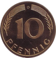 Монета 10 пфеннигов. 1982 год (G), ФРГ. Дубовые листья. Монета 10 пфеннигов. 1982 год (G), ФРГ. Дубовые листья.
