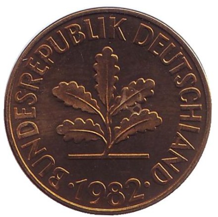 Монета 10 пфеннигов. 1982 год (G), ФРГ. Дубовые листья.