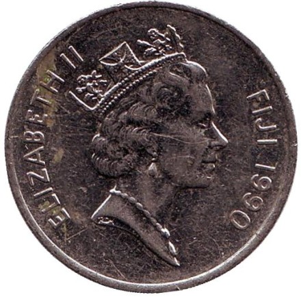 Монета 10 центов. 1990 год, Фиджи. Метательная дубинка - ула тава тава.