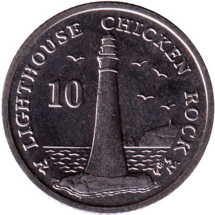 Монета 10 пенсов. 2014 год, Остров Мэн. (Отметка "BA") Маяк острова Чикен-Рок.