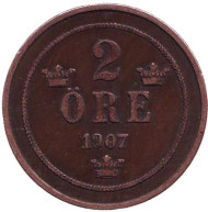 Монета 2 эре. 1907 год, Швеция. Монета 2 эре. 1907 год, Швеция.